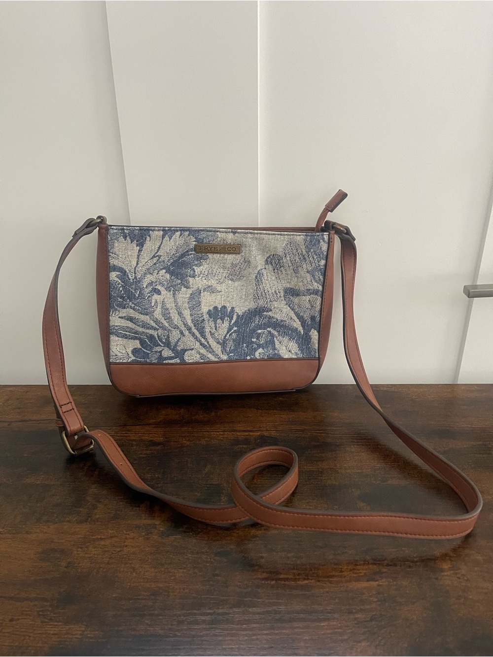 FRYE AND CO. Blue Floral Canvas Crossbody with Brown Leather Trim